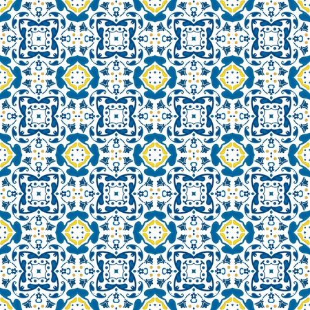 Seamless pattern illustration in blue, orange and yellow - like Portuguese tilesのイラスト素材