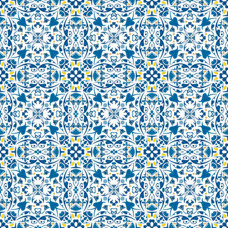 Seamless pattern illustration in blue and yellow - like Portuguese tiles