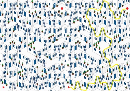 Blue village maze for kids with a solutionのイラスト素材