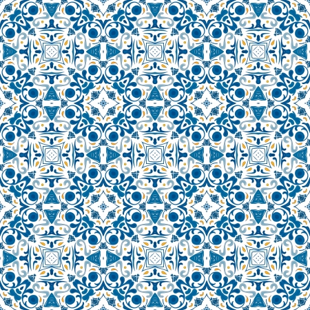 Seamless pattern illustration in blue and orange - like Portuguese tilesのイラスト素材