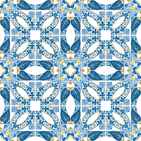 Seamless pattern illustration in blue, yellow and orange - like Portuguese tilesのイラスト素材
