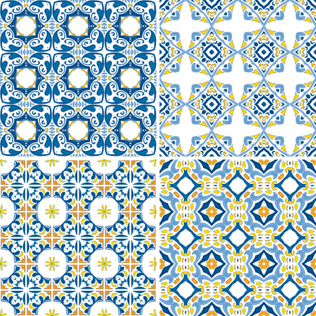 Set of four seamless pattern illustrations made of floral elements - like Portuguese tilesのイラスト素材