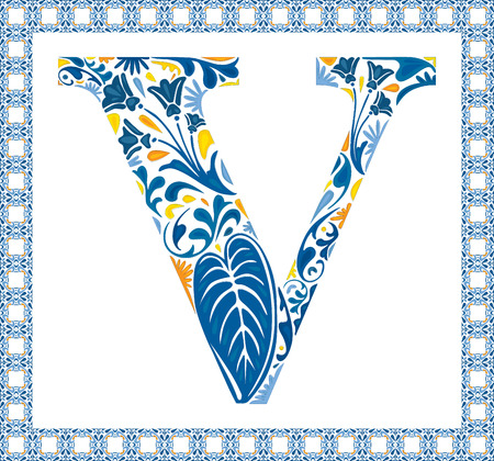Blue floral capital letter V in frame made of Portuguese tilesのイラスト素材