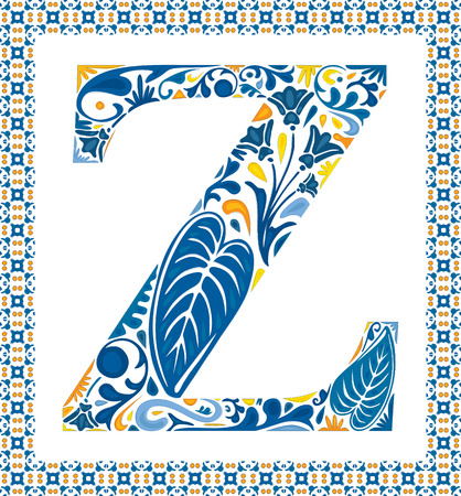 Blue floral capital letter Z in frame made of Portuguese tilesのイラスト素材