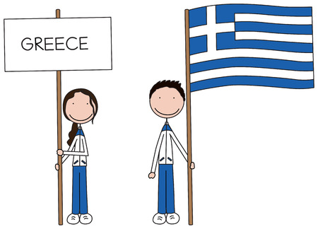 Illustration of a girl and boy holding Greek flag and bannerのイラスト素材