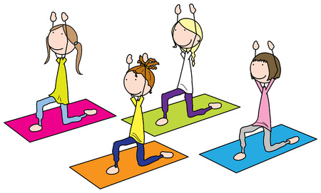Cartoon illustration of four girls exercisingのイラスト素材