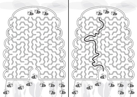 Bees maze for kids with a solution in black and whiteのイラスト素材