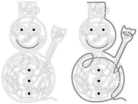 Snowman maze for kids with a solution in black and whiteのイラスト素材