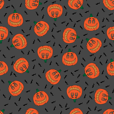Seamless pattern made of illustrated Jack O'Lanterns on dark grey backgroundのイラスト素材