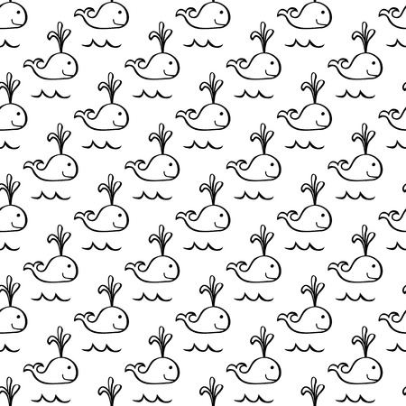 Seamless pattern made of black outlined whales on whiteのイラスト素材