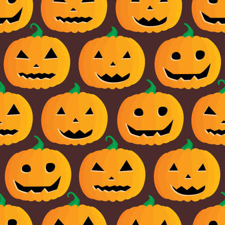 Seamless illustrated pattern made of Jack O' Lanterns on dark brownのイラスト素材