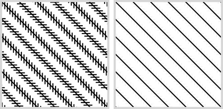 Optical illusion - the diagonal lines are not looking parallel although they are - explanation on the rightのイラスト素材