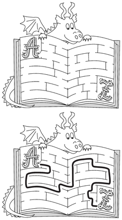 Easy dragon maze for younger kids with a solution in black and whiteのイラスト素材
