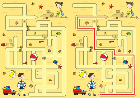 Easy beach maze for kids with a solutionのイラスト素材