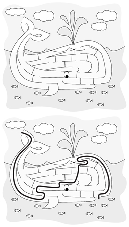 Easy whale maze for younger kids with a solution in black and whiteのイラスト素材