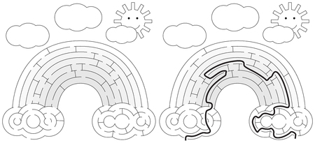 Easy rainbow maze for younger kids with a solution in black and whiteのイラスト素材