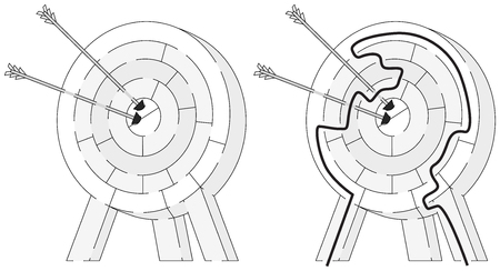 Easy archery maze for younger kids with a solution in black and whiteのイラスト素材