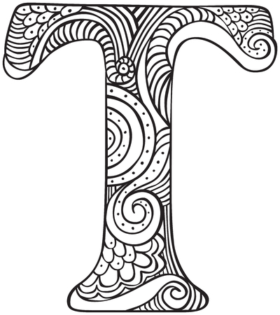 Hand drawn capital letter T in black - coloring sheet for adultsのイラスト素材