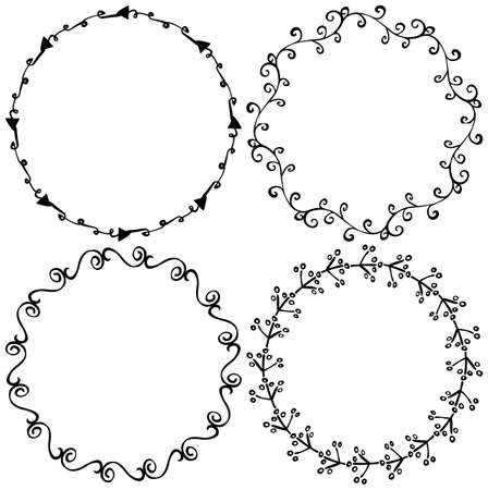 Set of decorative illustrated circle frames made of hand drawn elementsのイラスト素材