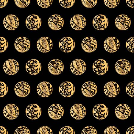 Seamless pattern made of illustrated floral gold circles on blackのイラスト素材