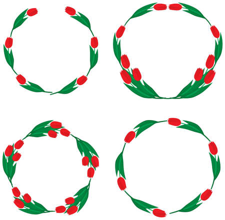 Illustration of four illustrated wreaths made of red tulipsのイラスト素材