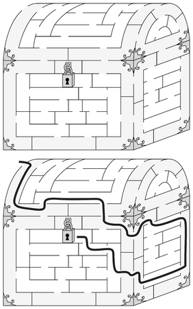 Easy chest maze for younger kids with a solution in black and whiteのイラスト素材