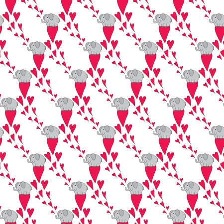 Seamless pattern made of illustrated elephants and hearts on whiteのイラスト素材