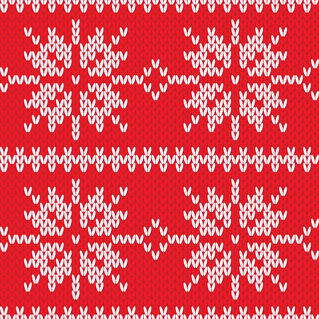 Seamless illustrated knitted pattern made of white snowflakes on redのイラスト素材