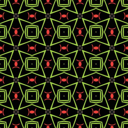 Seamless illustrated pattern made of abstract elements in black,red, brown and green