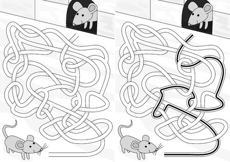 Mouse maze for kids with a solution in black and whiteのイラスト素材