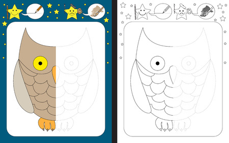 Preschool worksheet for practicing fine motor skills - tracing dashed lines - finish the illustration of an owlのイラスト素材