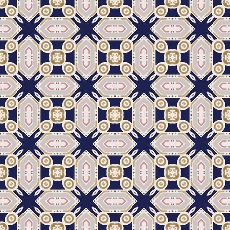 Seamless illustrated pattern made of abstract elements in beige, grey, blue, pink and brown