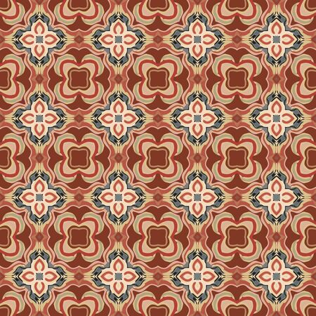 Seamless illustrated pattern made of abstract elements in beige, red, grey, brown, blue and black