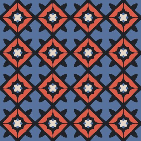Seamless illustrated pattern made of abstract elements in beige, blue, redand blackのイラスト素材