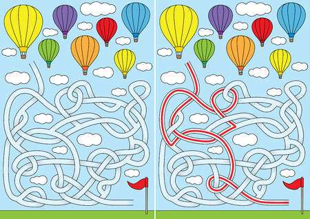 Hot air balloon maze for kids with a solutionのイラスト素材