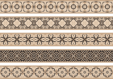 Set of five illustrated decorative borders made of brown  and beige abstract elementsのイラスト素材