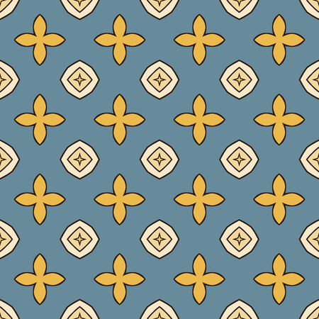 Seamless illustrated pattern made of abstract elements in beige, blue, yellow and blackのイラスト素材
