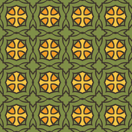 A Seamless illustrated pattern made of abstract elements in orange, yellow,  green and blackのイラスト素材