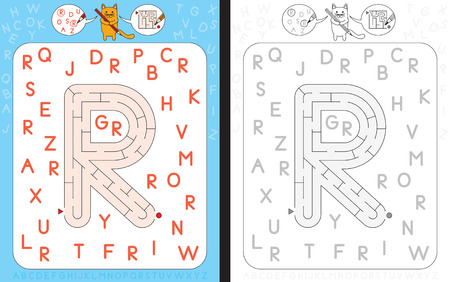 Worksheet for learning alphabet - recognizing capital letter R - maze in the shape of capital letter Rのイラスト素材