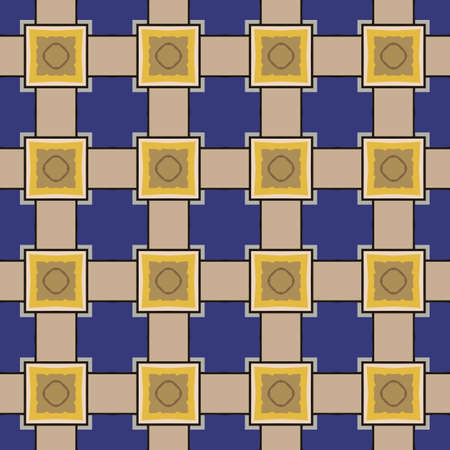 A Seamless illustrated pattern made of abstract elements in beige, blue, yellow,brown and blackのイラスト素材
