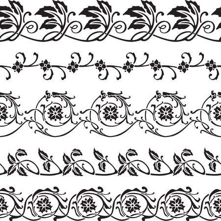 Set of five illustrated decorative borders made of floral elements in blackのイラスト素材