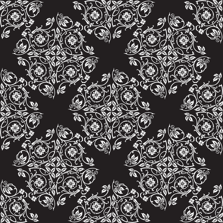 Illustrated pattern made of floral elements in white on black backgroundのイラスト素材