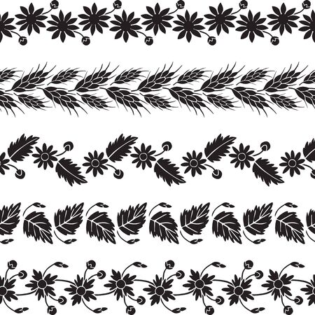 Set of five illustrated decorative borders made of floral elements in blackのイラスト素材