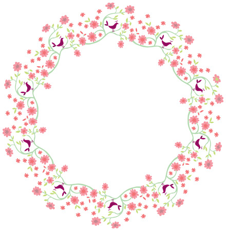 Decorative illustrated circle frame made of flowers, birds and branchesのイラスト素材