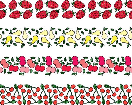 Set of four illustrated decorative borders made of strawberries, pears, apples and cherries