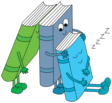 Cartoon illustration of three books leaning on each other, two of them sleepingのイラスト素材