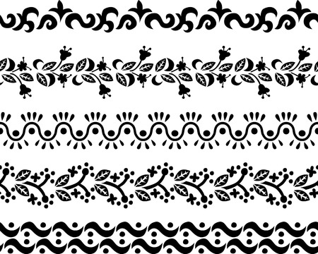 Set of five illustrated decorative borders made of floral and abstract elements in blackのイラスト素材