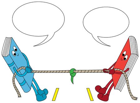 Cartoon illustration of two books pulling a rope with two speach bubbles above themのイラスト素材