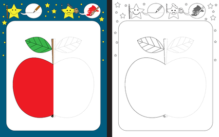 Preschool worksheet for practicing fine motor skills - tracing dashed lines - finish the illustration of an appleのイラスト素材
