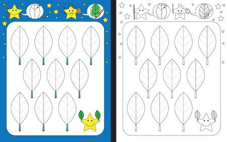 Preschool worksheet for practicing fine motor skills - tracing dashed lines on leavesのイラスト素材